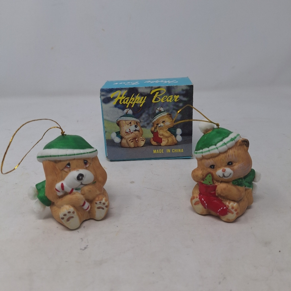 Vintage Happy Bear Bell Christmas Ornaments Dog Bear Green Santa Hat Porcelain